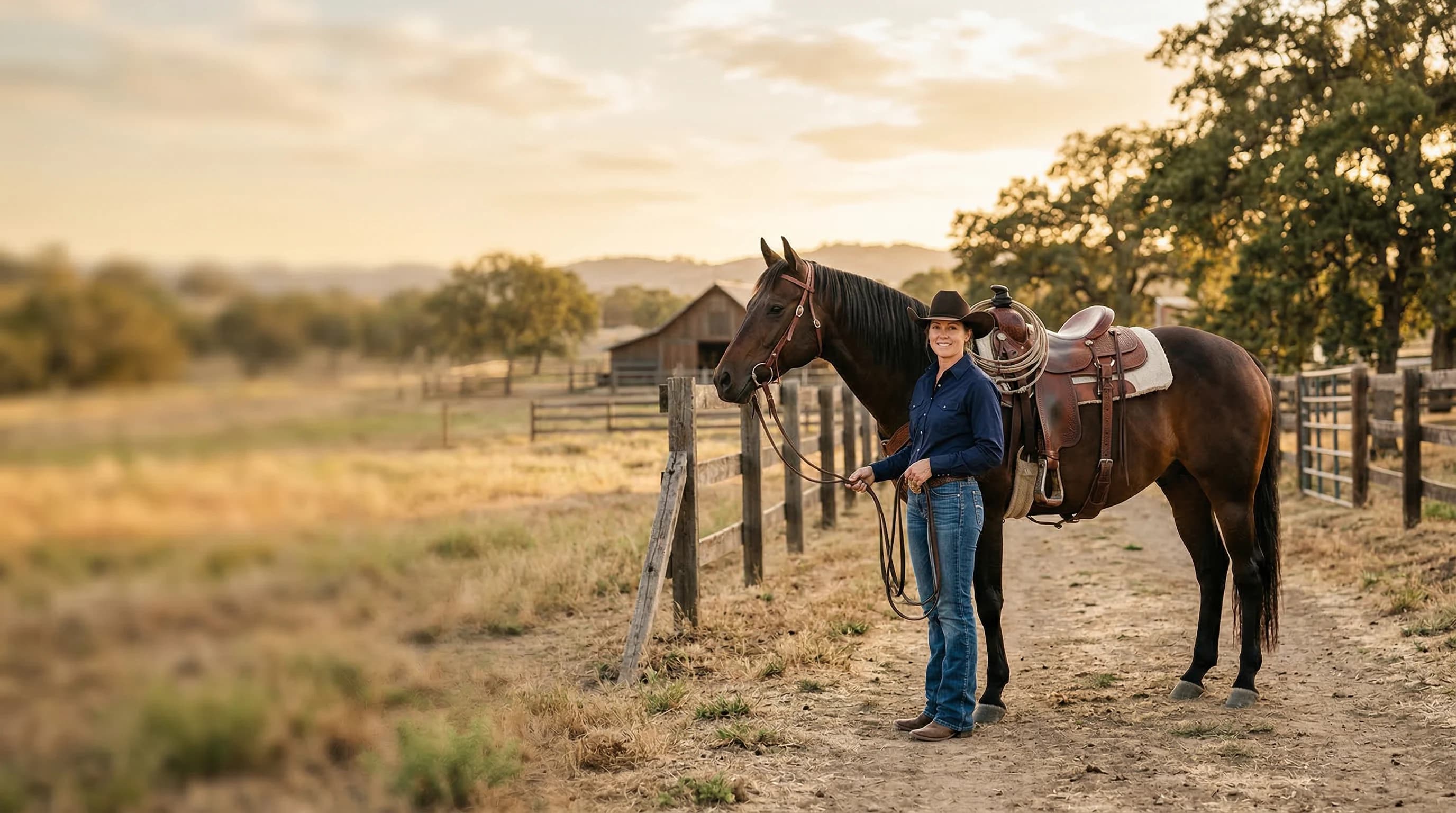 Horse and rider standing in a ranch setting at sunset
