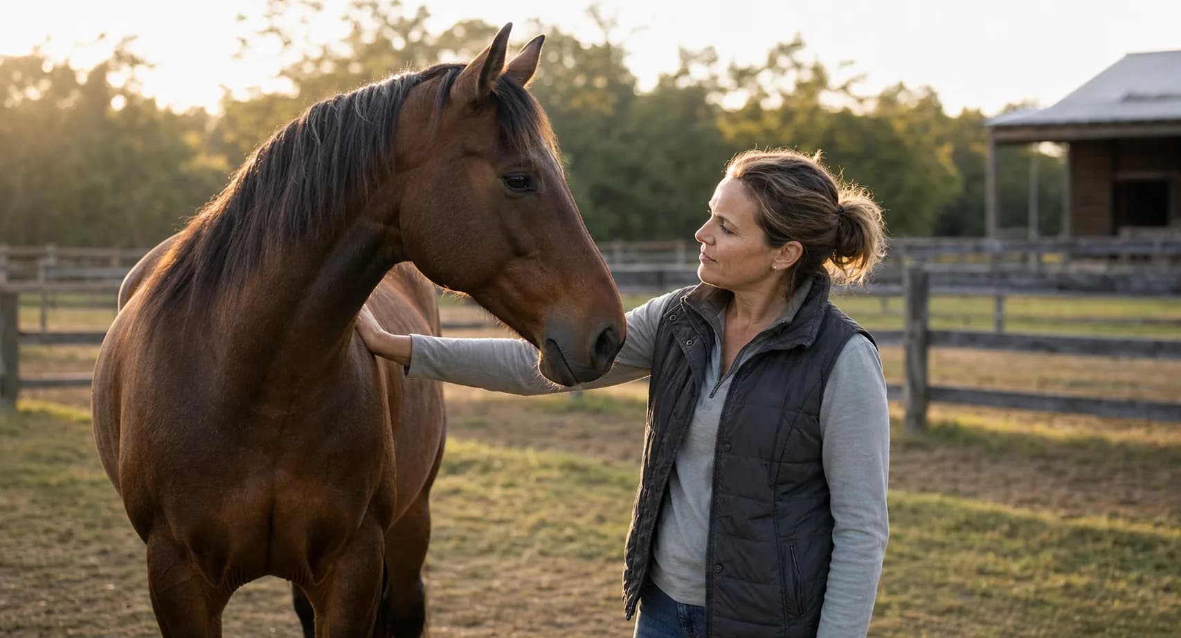 Horse buyer meeting and touching a horse in a pasture