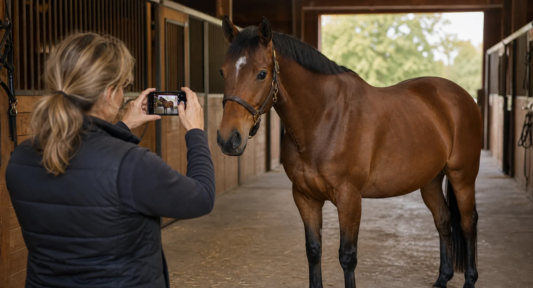 Horse seller taking listing photos in a barn