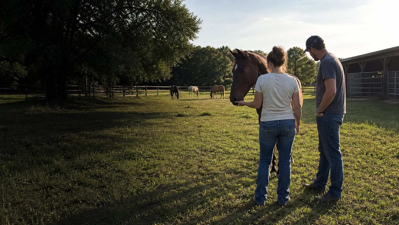 Horse and rider standing in a ranch setting at sunset