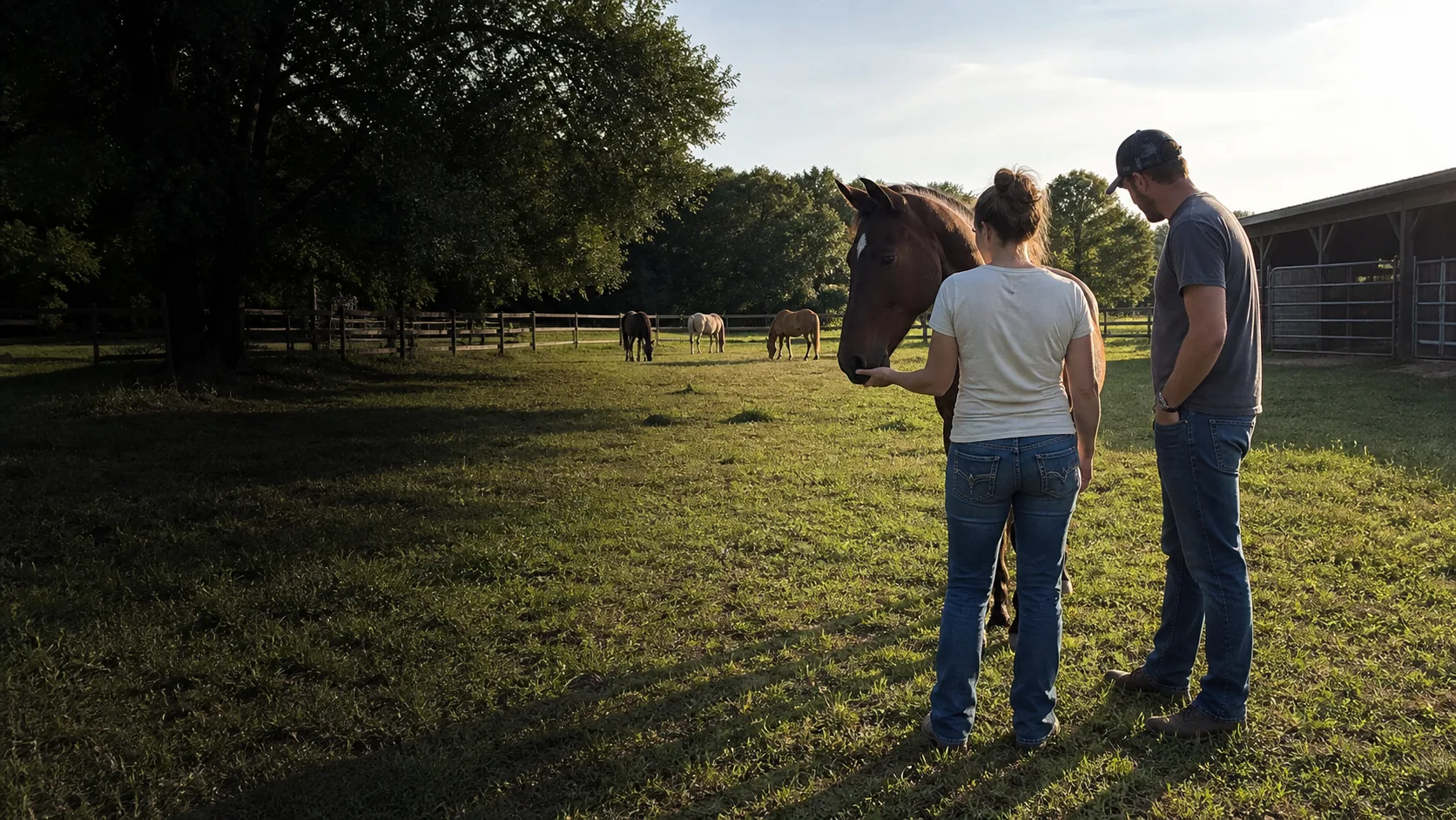 Horse and rider standing in a ranch setting at sunset